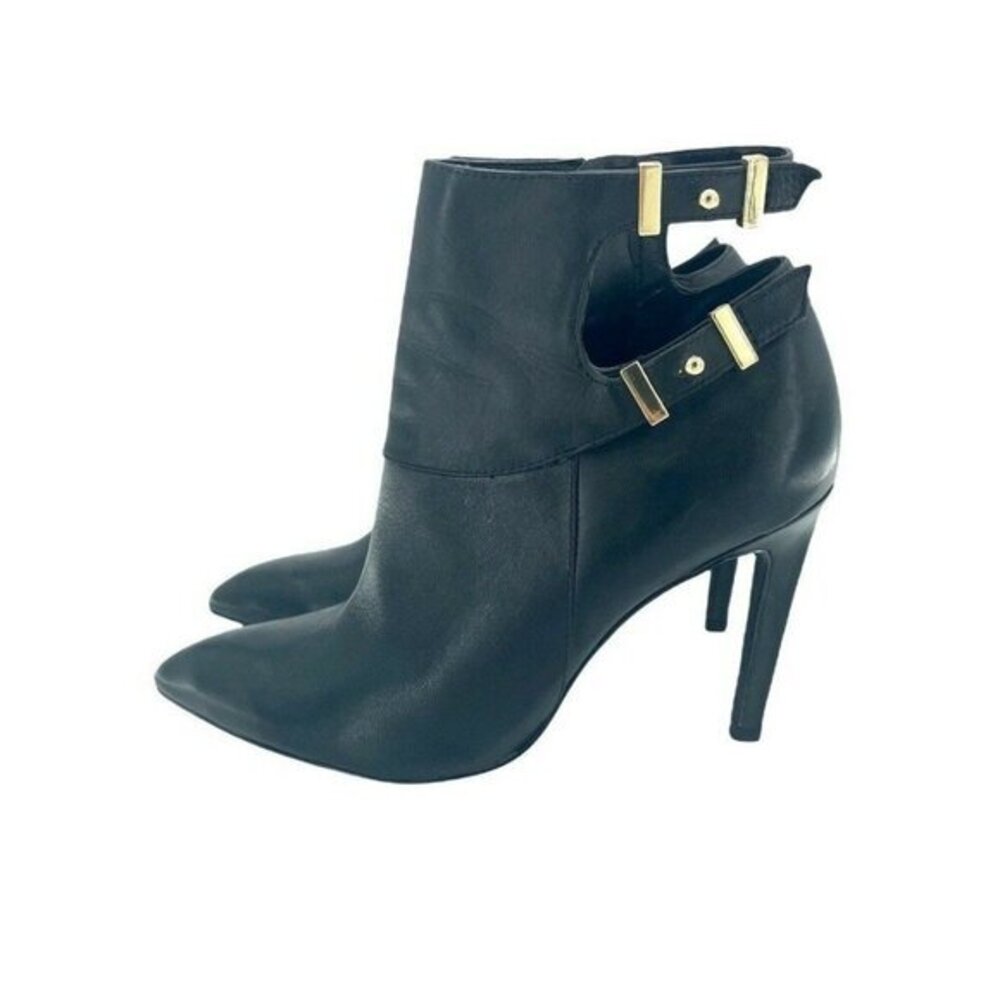 Guess Thora Black Leather Ankle Booties Buckles Cut Out Stiletto SZ 7.5